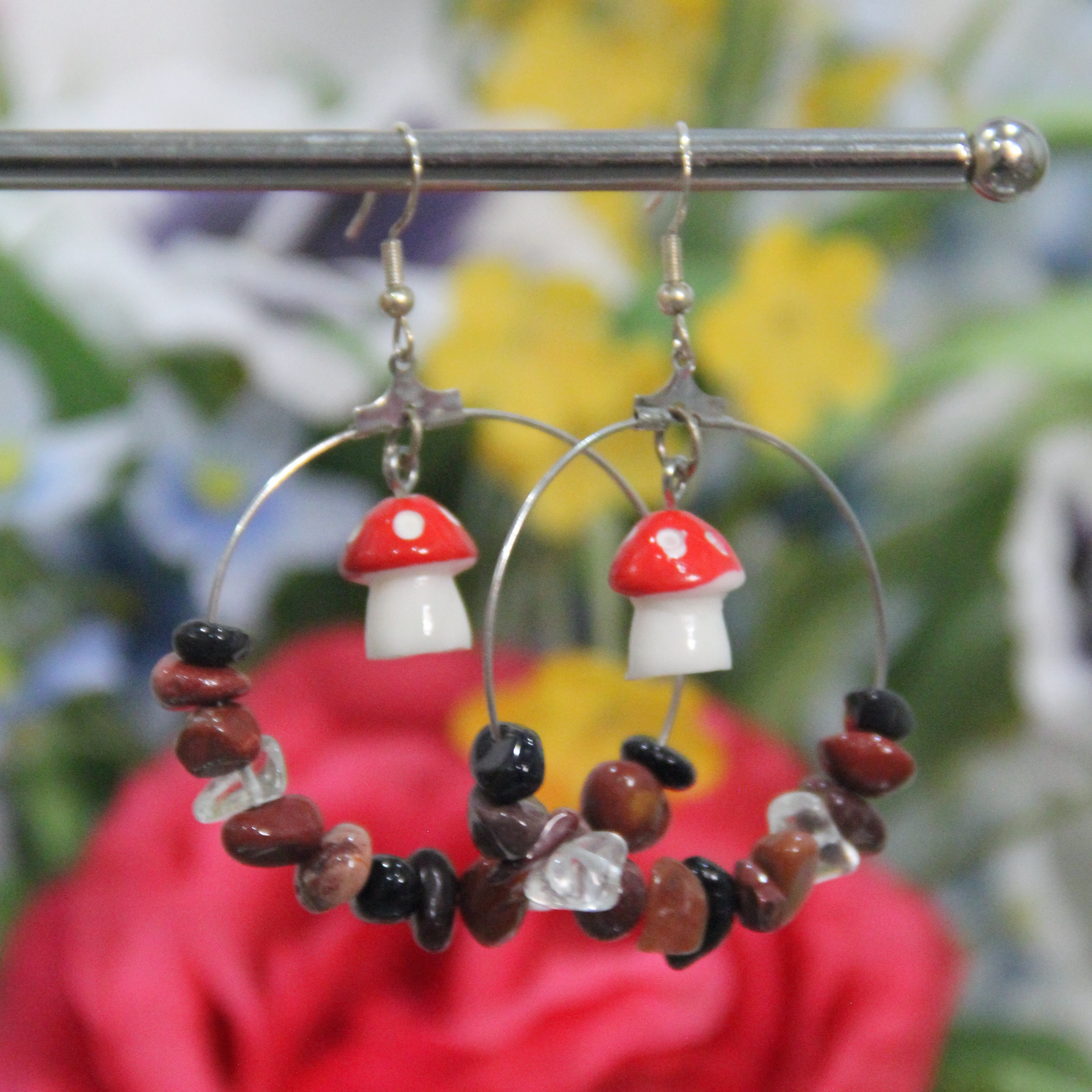 Enchanted Forest Mushroom Gemstone Hoop Earrings