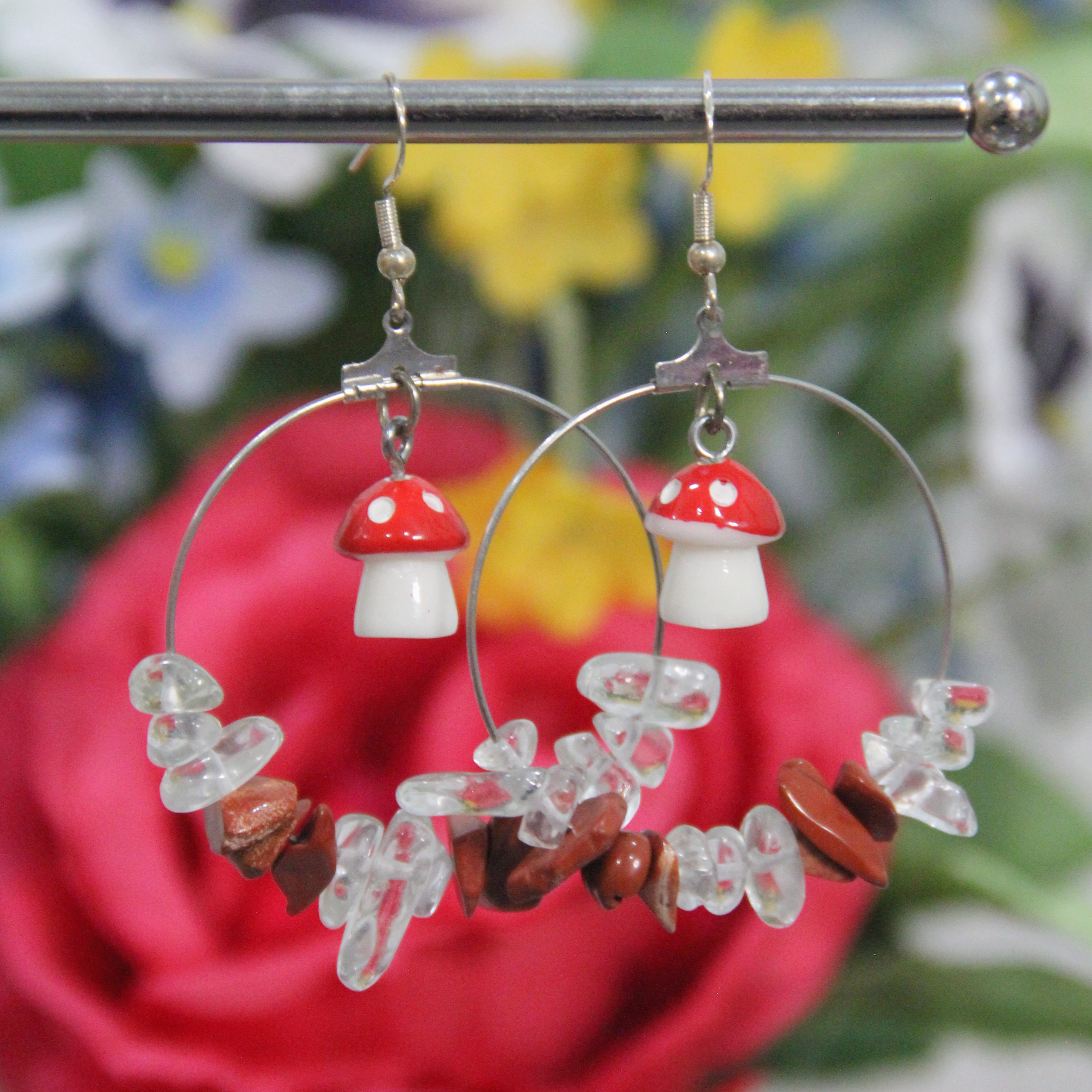 Enchanted Forest Mushroom Gemstone Hoop Earrings