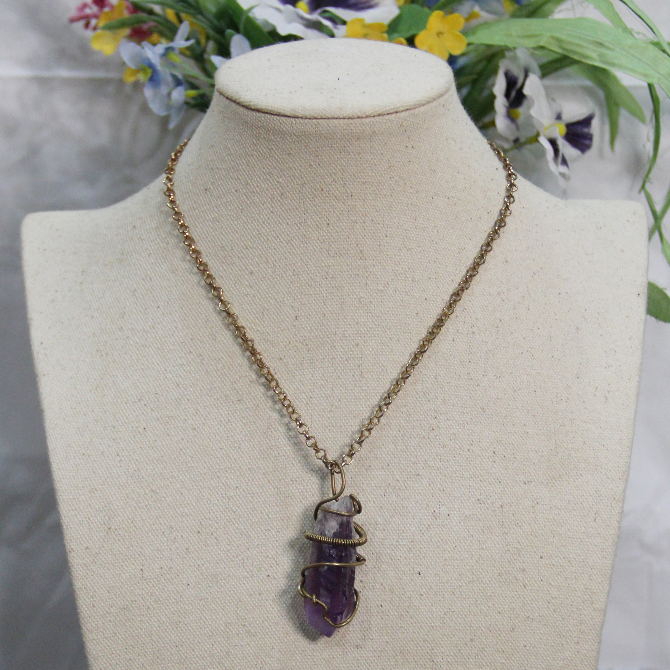 Large Raw Amethyst Wrapped Pendant Necklace